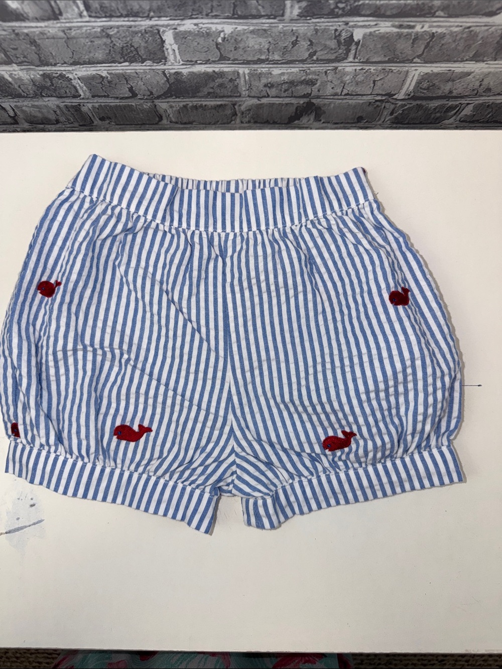 Kelly's Kids Blue & White Striped Whale Embroidered Shorts